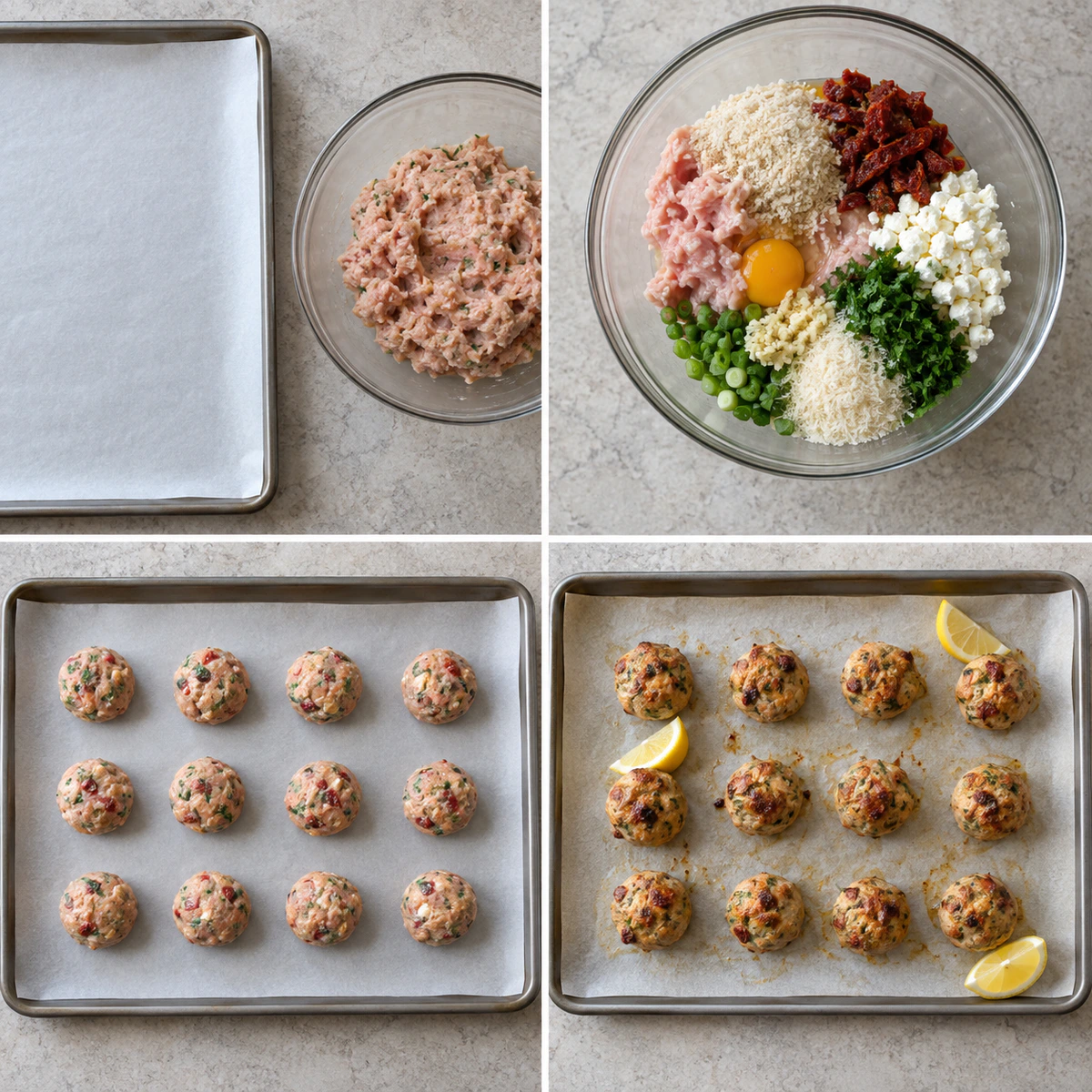 Four chronological preparation stages for Mediterranean Chicken Meatballs