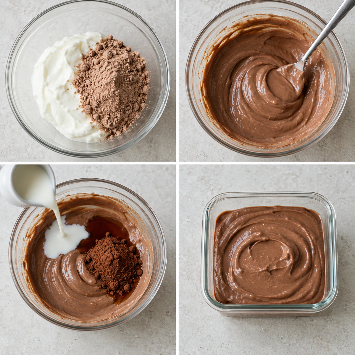 Four chronological preparation stages for Protein Pudding