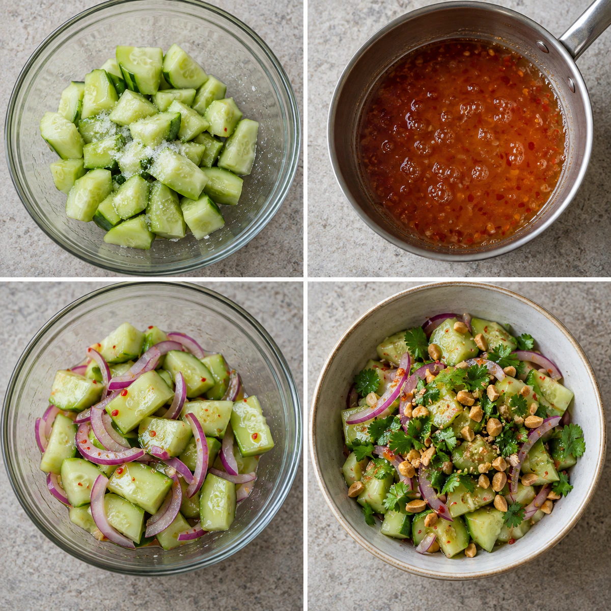Four chronological preparation stages for Thai Cucumber Salad