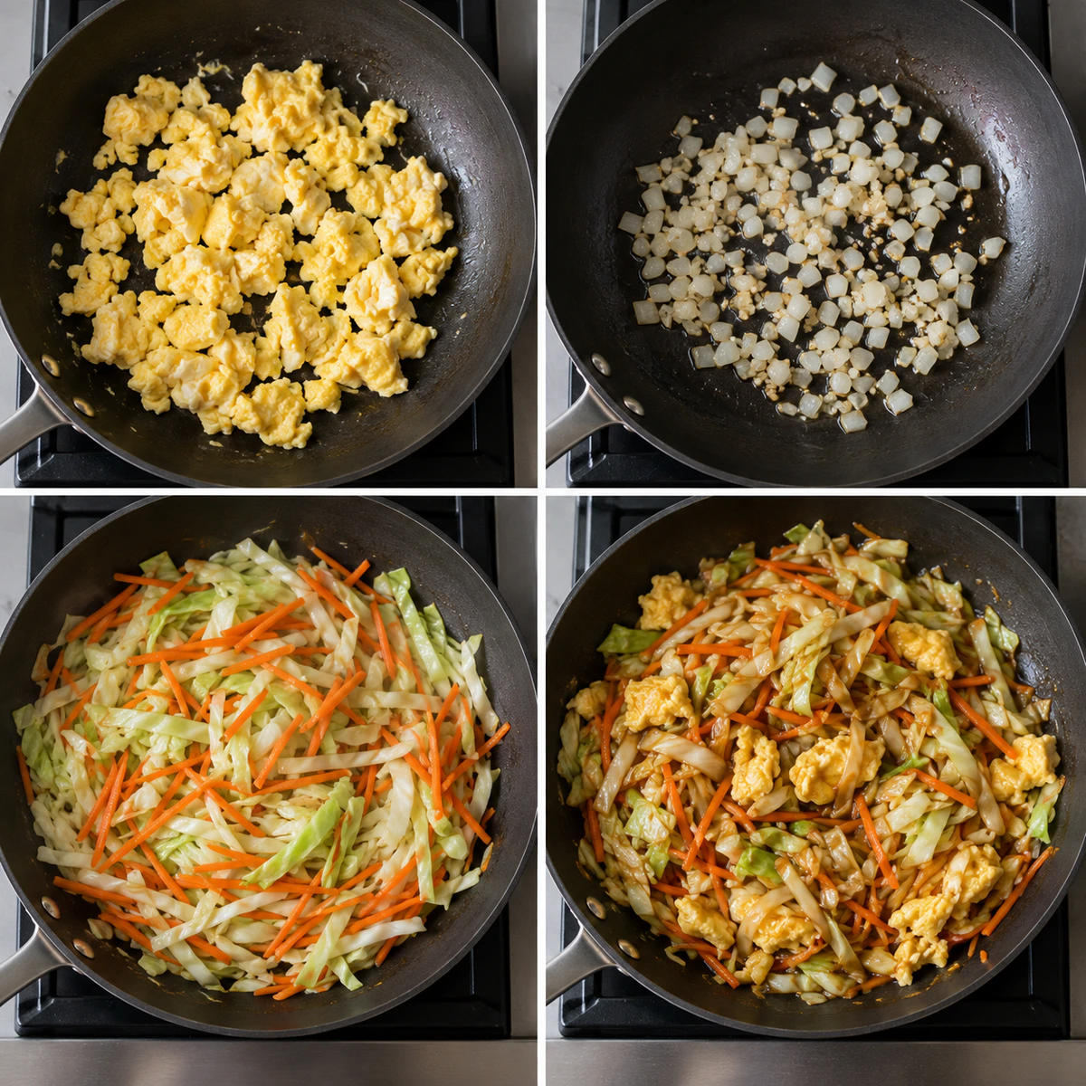 Four chronological preparation stages for Asian Cabbage Stir-Fry