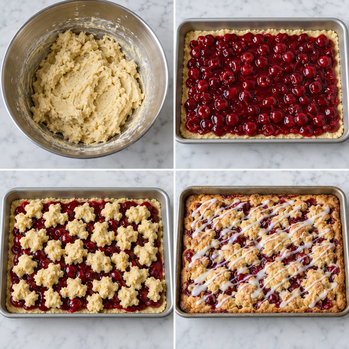 Four chronological preparation stages for Cherry Pie Bars