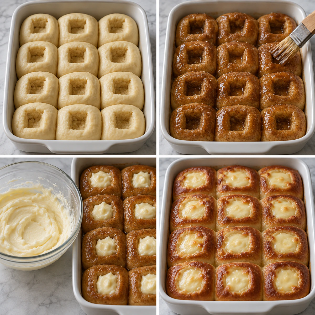 Four chronological preparation stages for Kings Hawaiian Cream Cheese Cinnamon Rolls