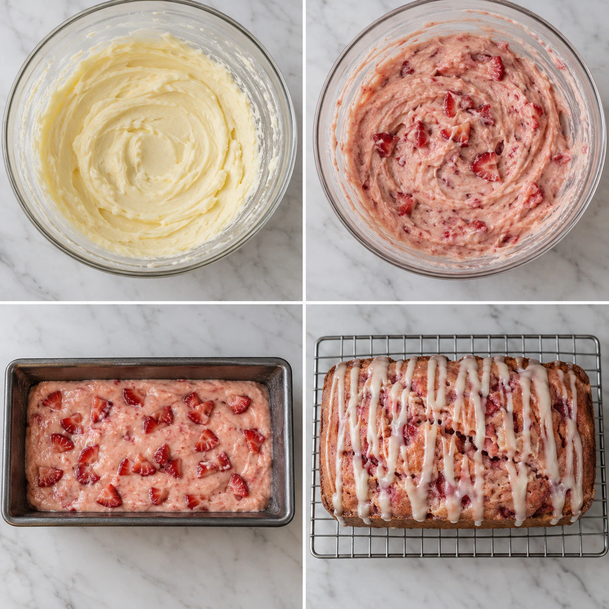 Four chronological preparation stages for Strawberry Cream Cheese Bread