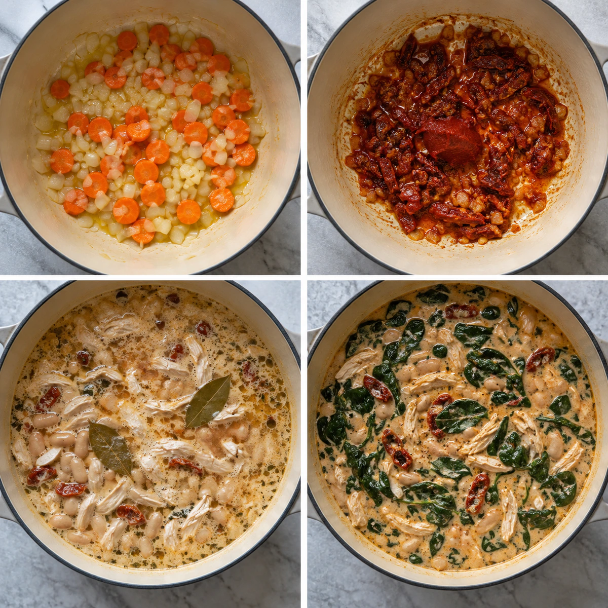 Four chronological preparation stages for Tuscan Chicken Soup