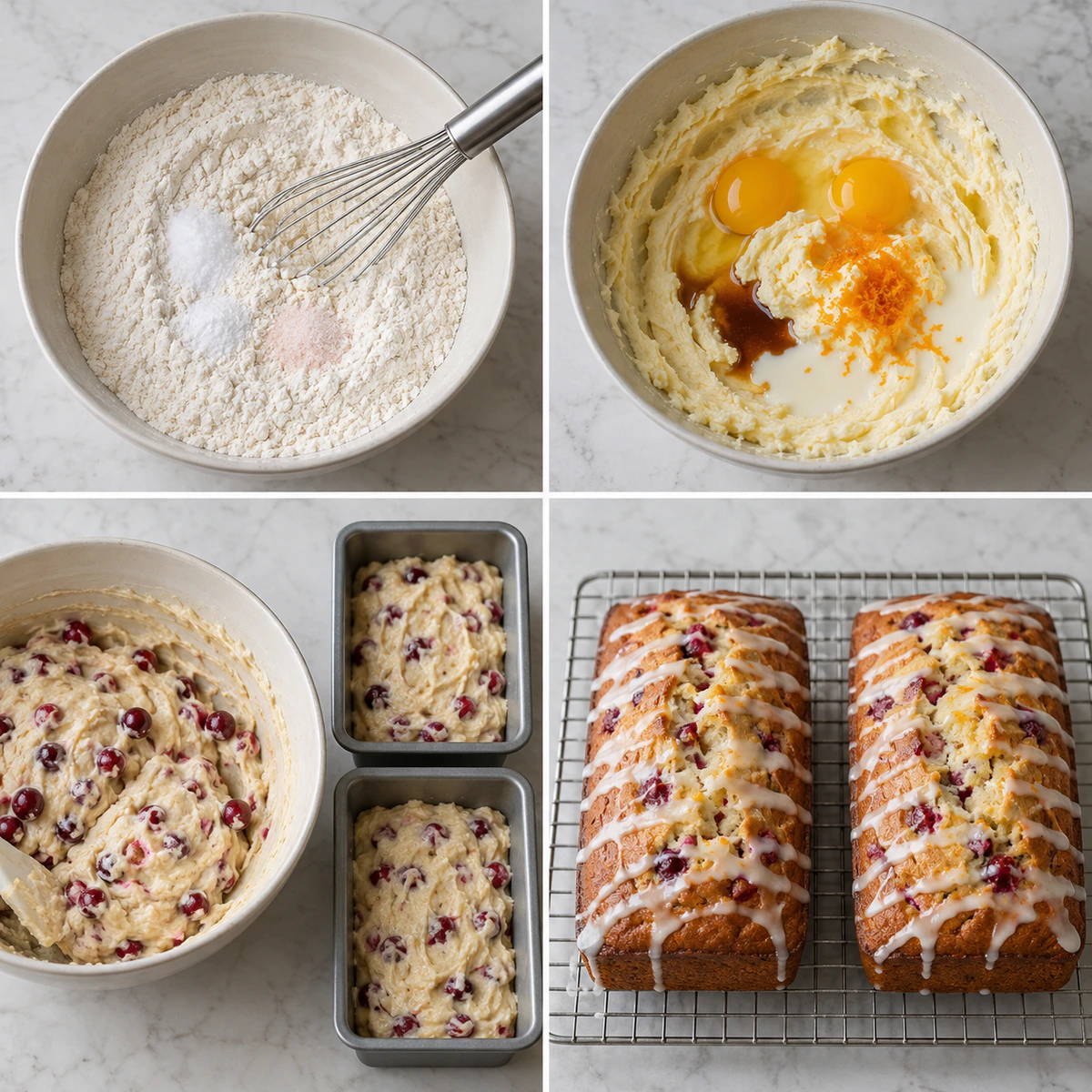 Four chronological preparation stages for Cranberry Cream Cheese Bread