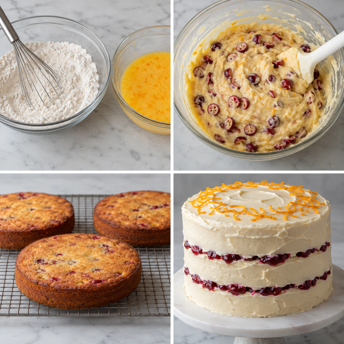 Four chronological preparation stages for Cranberry Orange Cake