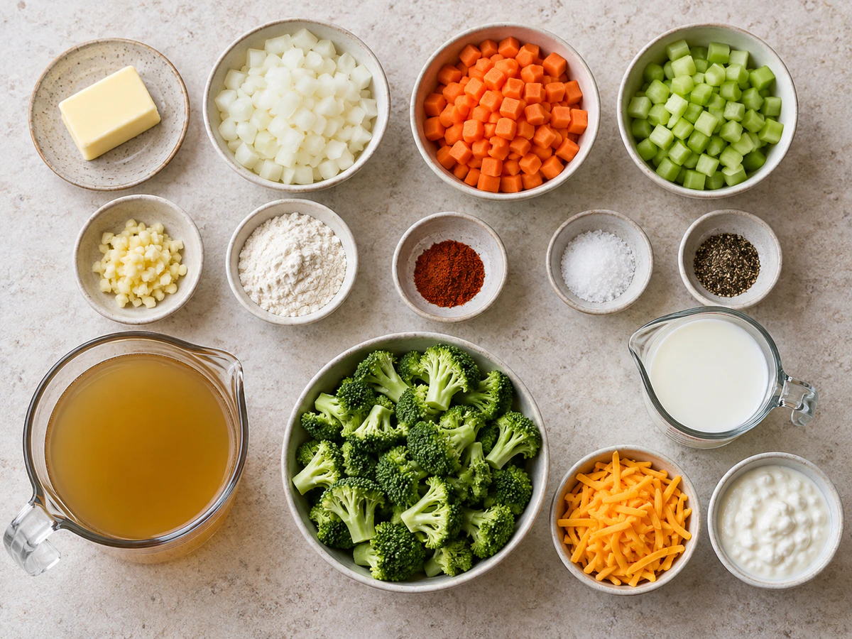 Exact measured ingredients for High Protein Broccoli Cheddar Soup