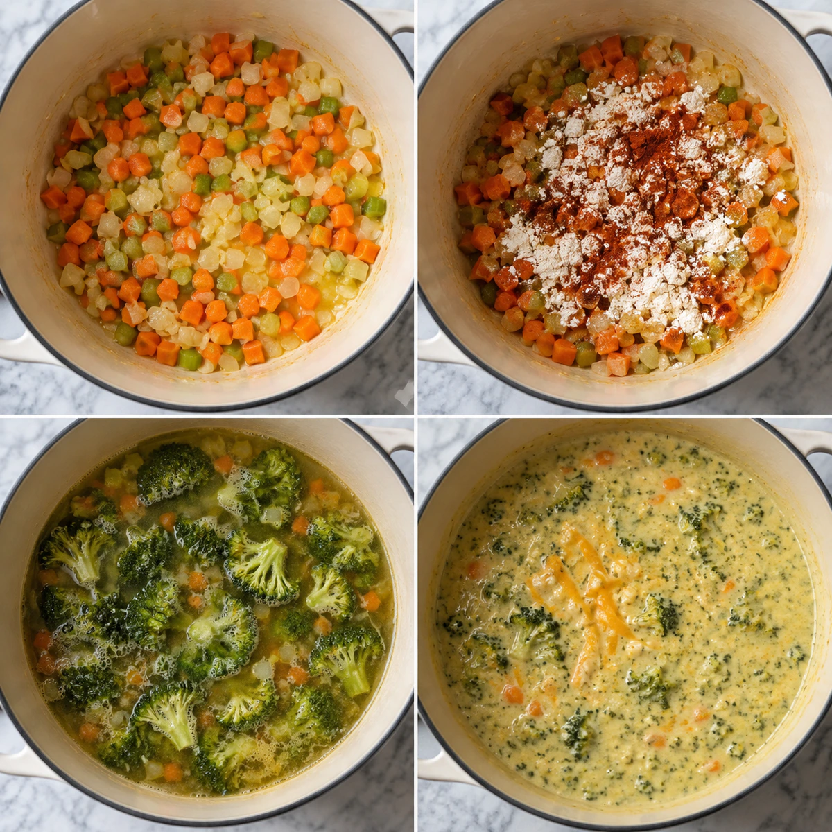 Four chronological preparation stages for High Protein Broccoli Cheddar Soup