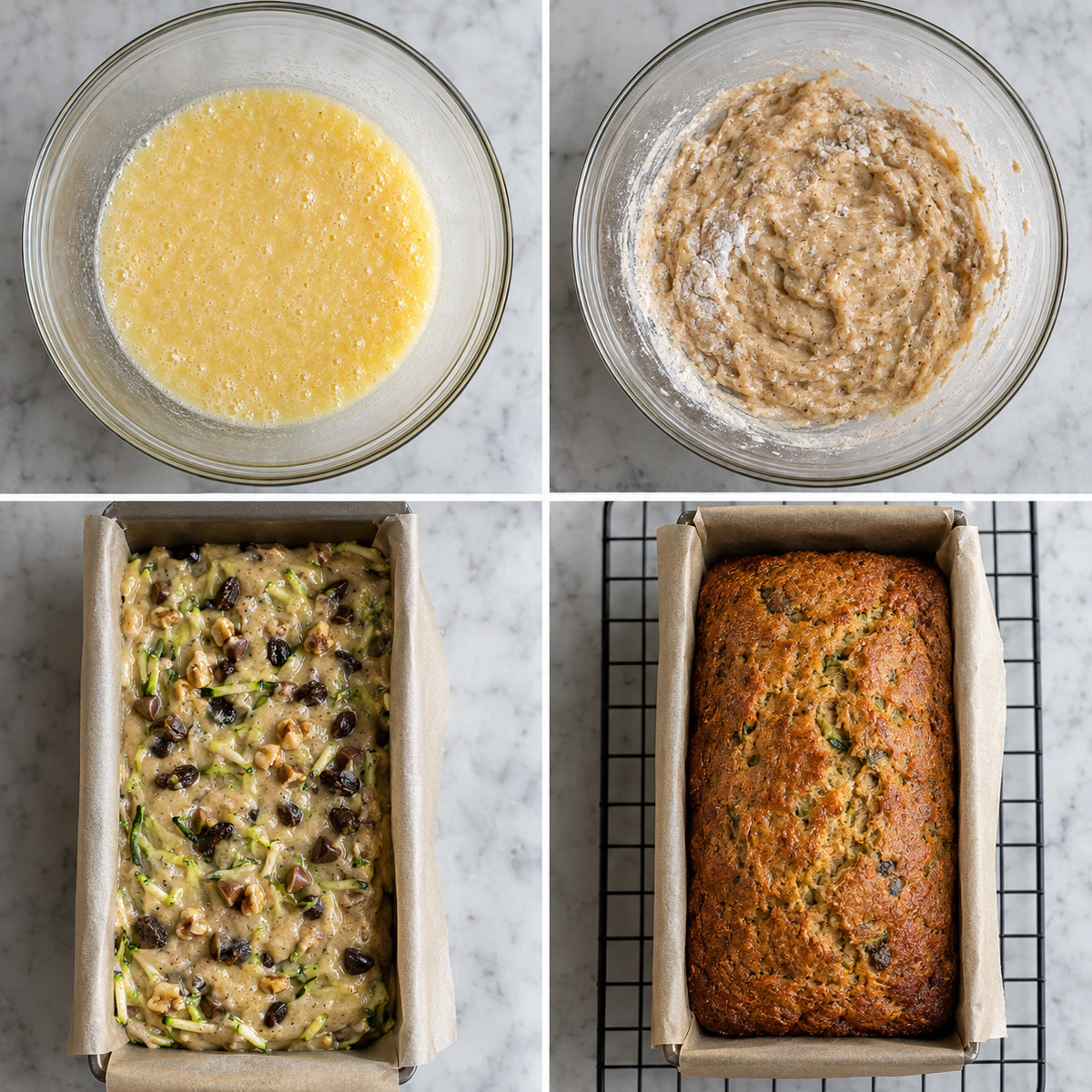 Four chronological preparation stages for Easy Low Sugar Zucchini Bread
