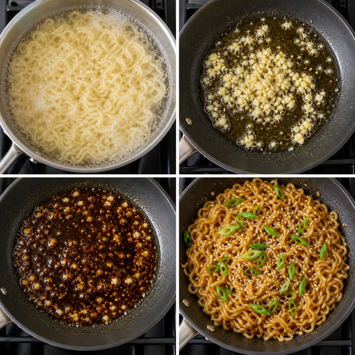 Four chronological preparation stages for Sesame Garlic Ramen Noodles