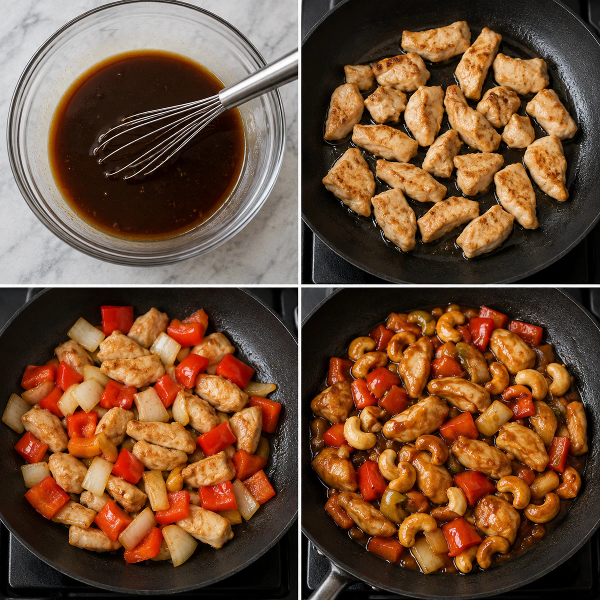 Four chronological preparation stages for Cashew Chicken Stir Fry