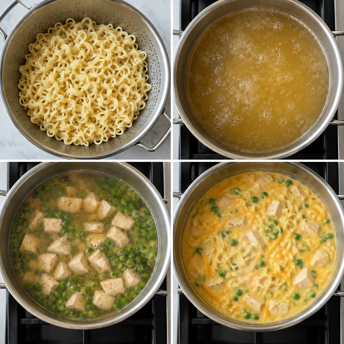 Four chronological preparation stages for Cheesy Chicken Ramen