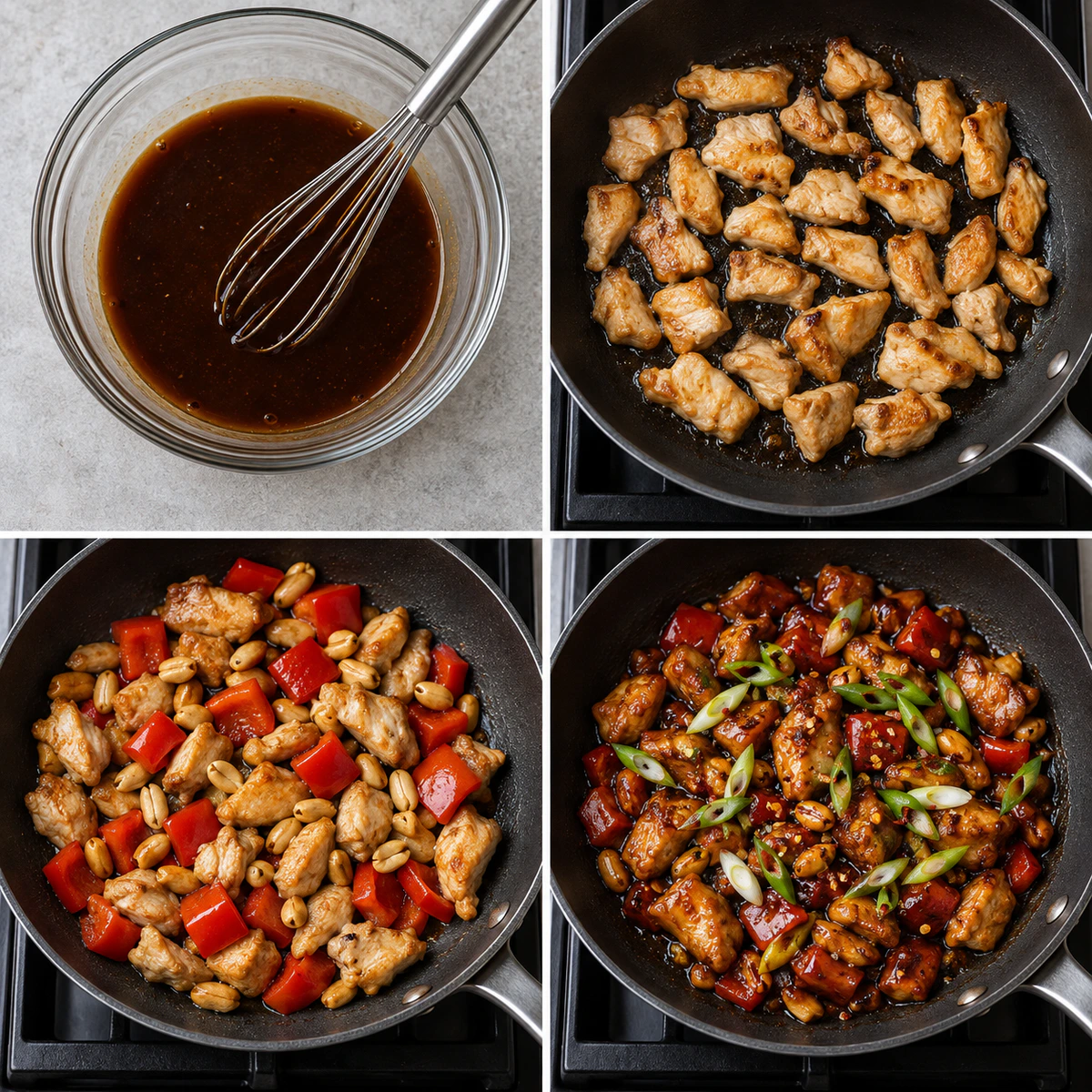 Four chronological preparation stages for Homemade Kung Pao Chicken