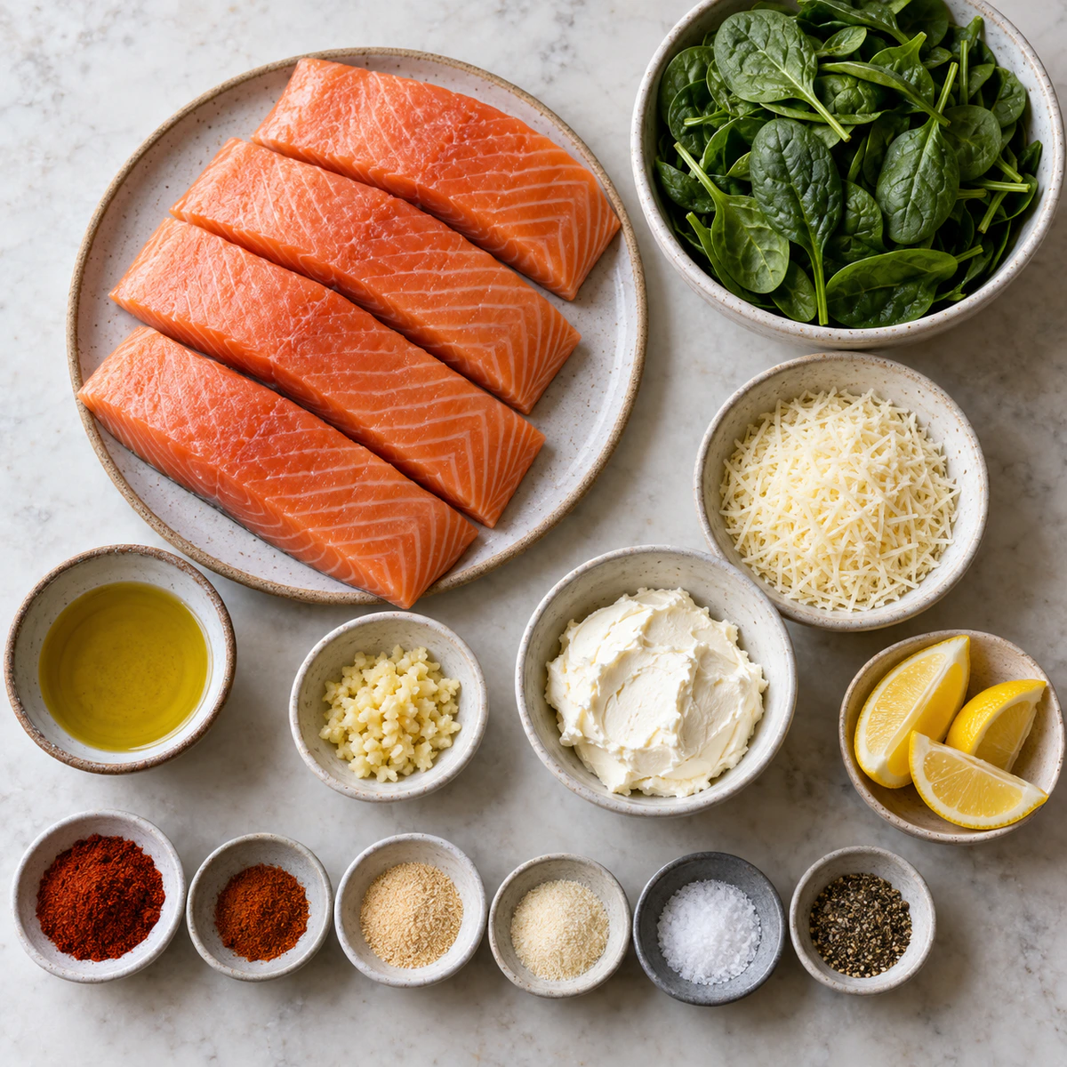 Exact measured ingredients for Blackened Spinach Stuffed Salmon