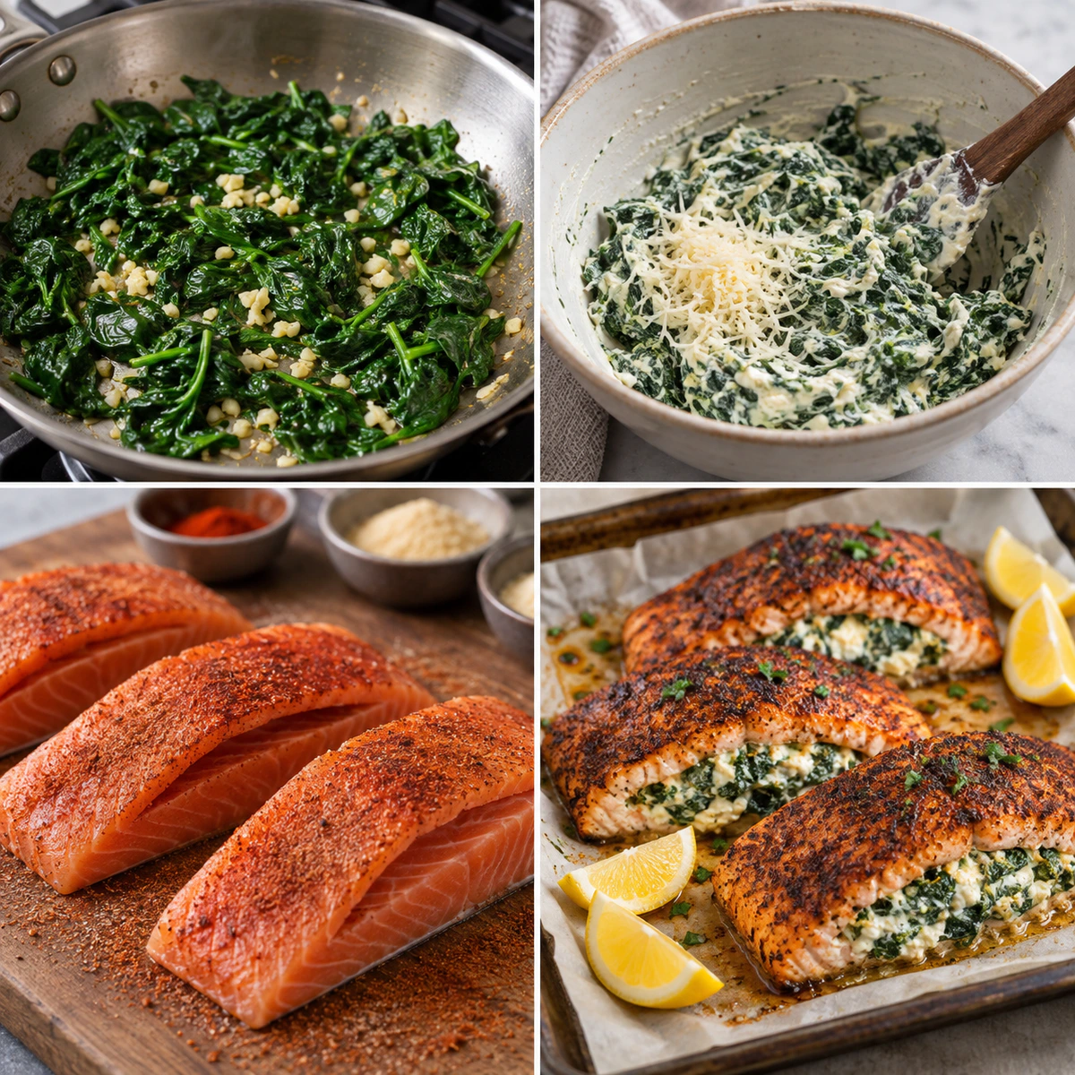 Four chronological preparation stages for Blackened Spinach Stuffed Salmon