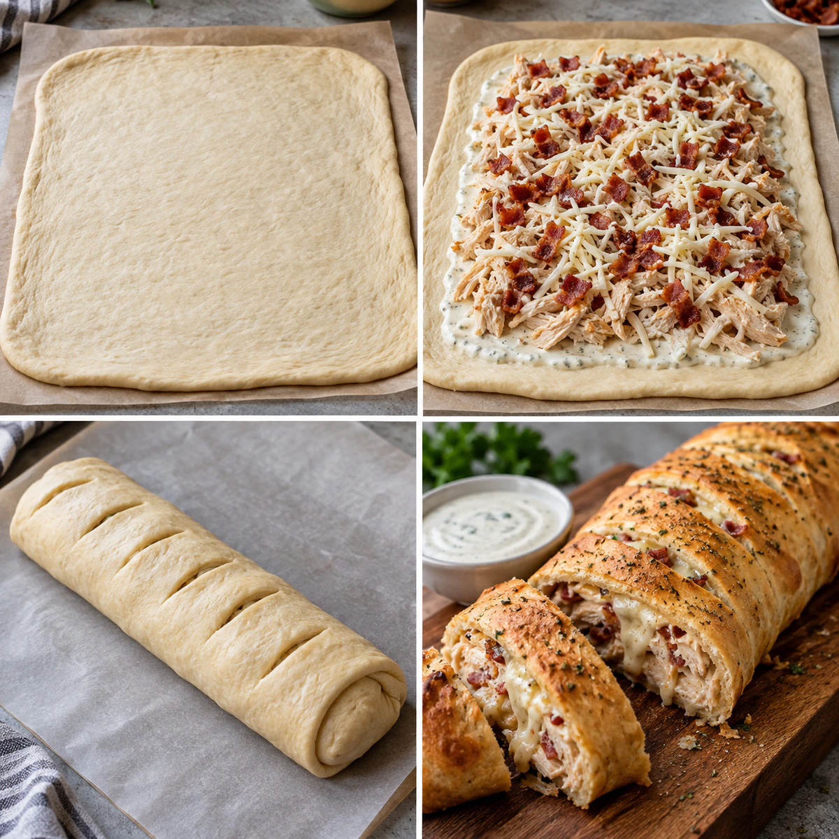 Four chronological preparation stages for Chicken Bacon Ranch Stromboli