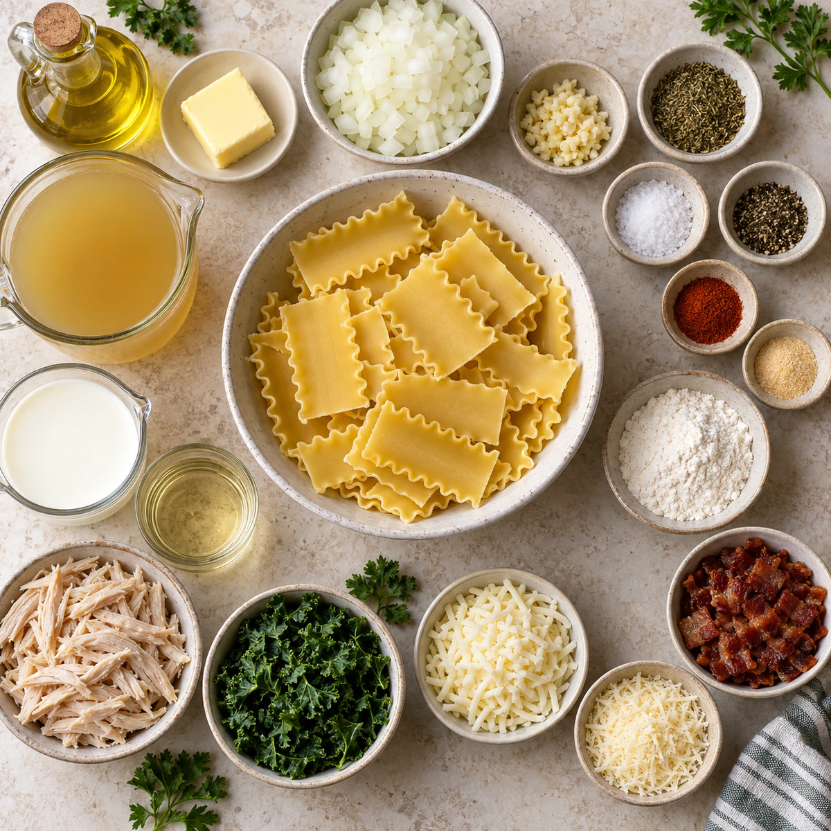 Exact measured ingredients for Creamy White Chicken Lasagna Soup