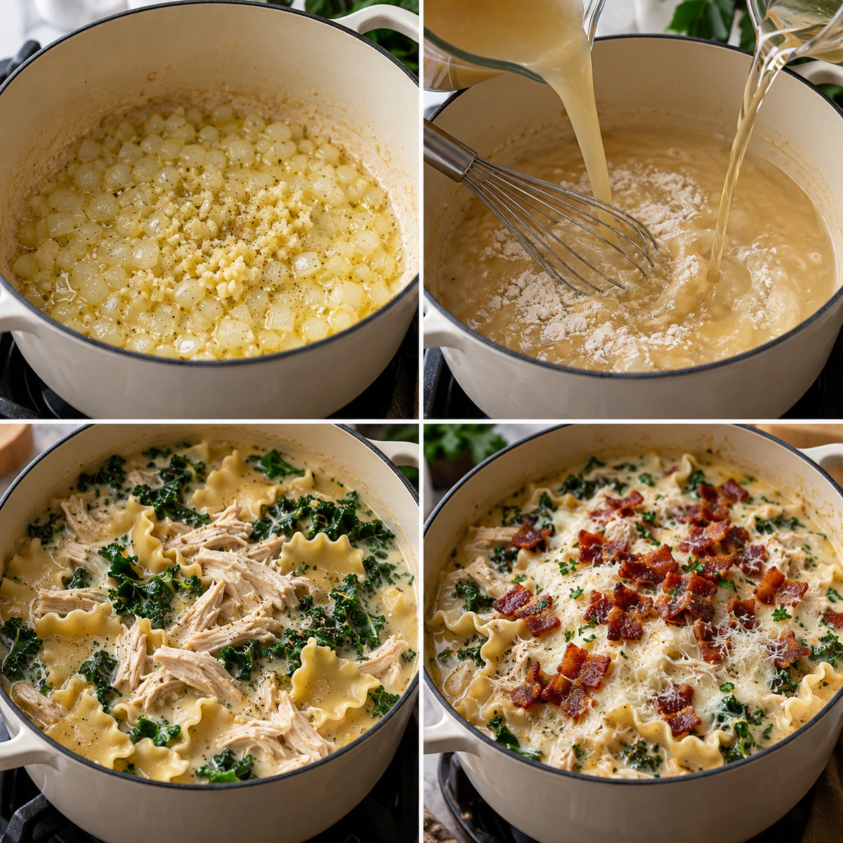 Four chronological preparation stages for Creamy White Chicken Lasagna Soup