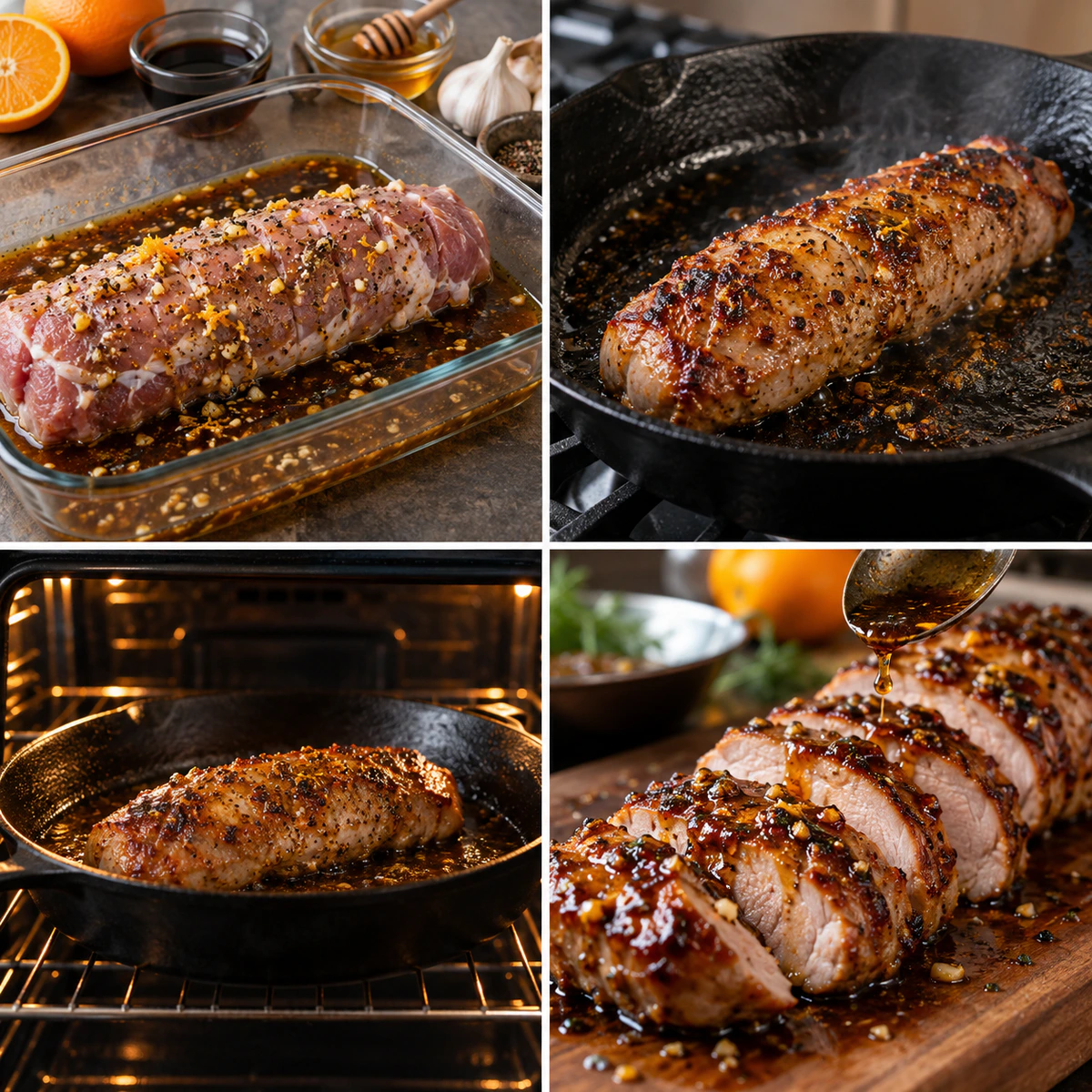 Four chronological preparation stages for Honey Garlic Pork Tenderloin