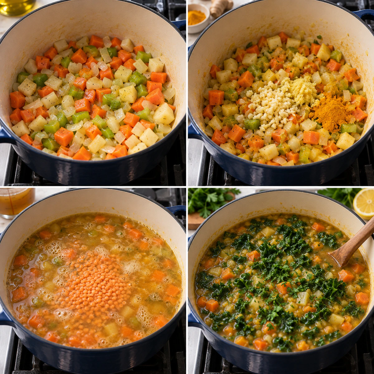 Four chronological preparation stages for Immune Boosting Vegetable Soup