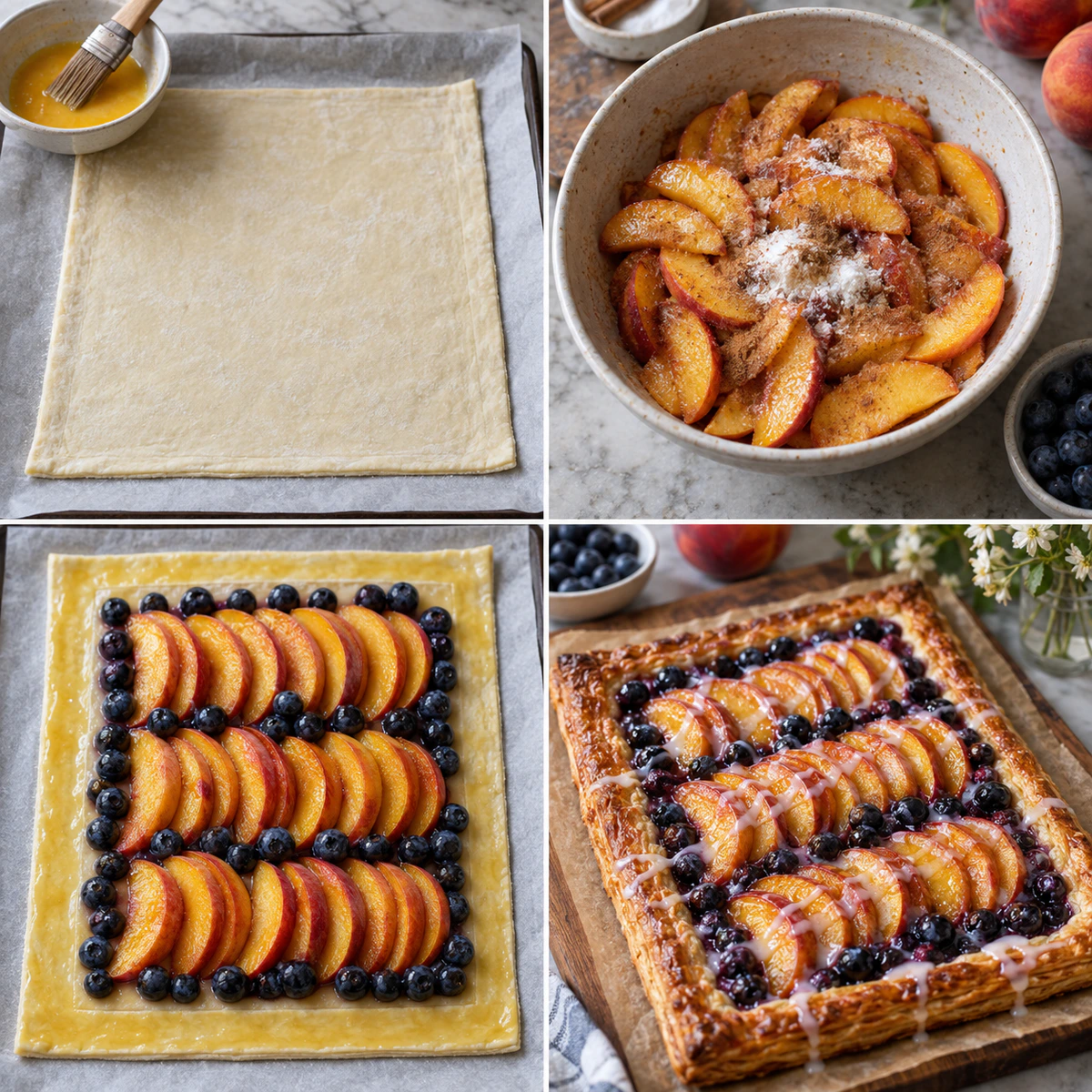 Four chronological preparation stages for Blueberry Peach Tart