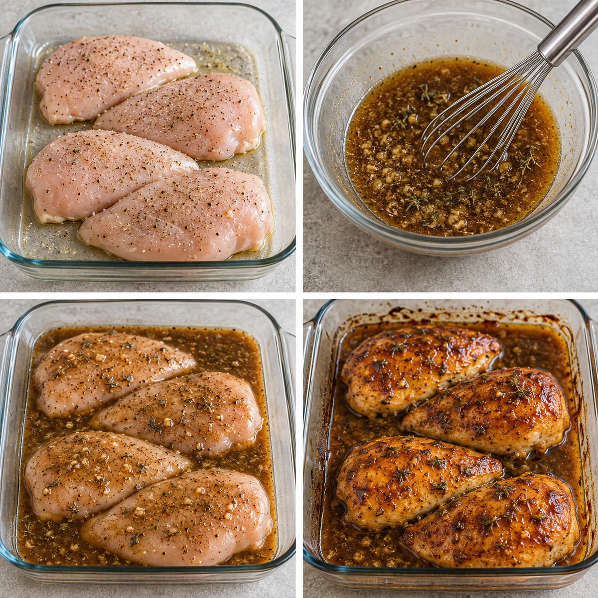 Four chronological preparation stages for Brown Sugar Garlic Chicken