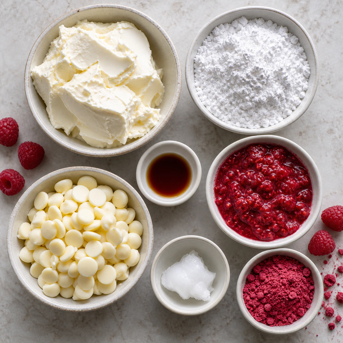 Exact measured ingredients for White Chocolate Raspberry Cheesecake Balls