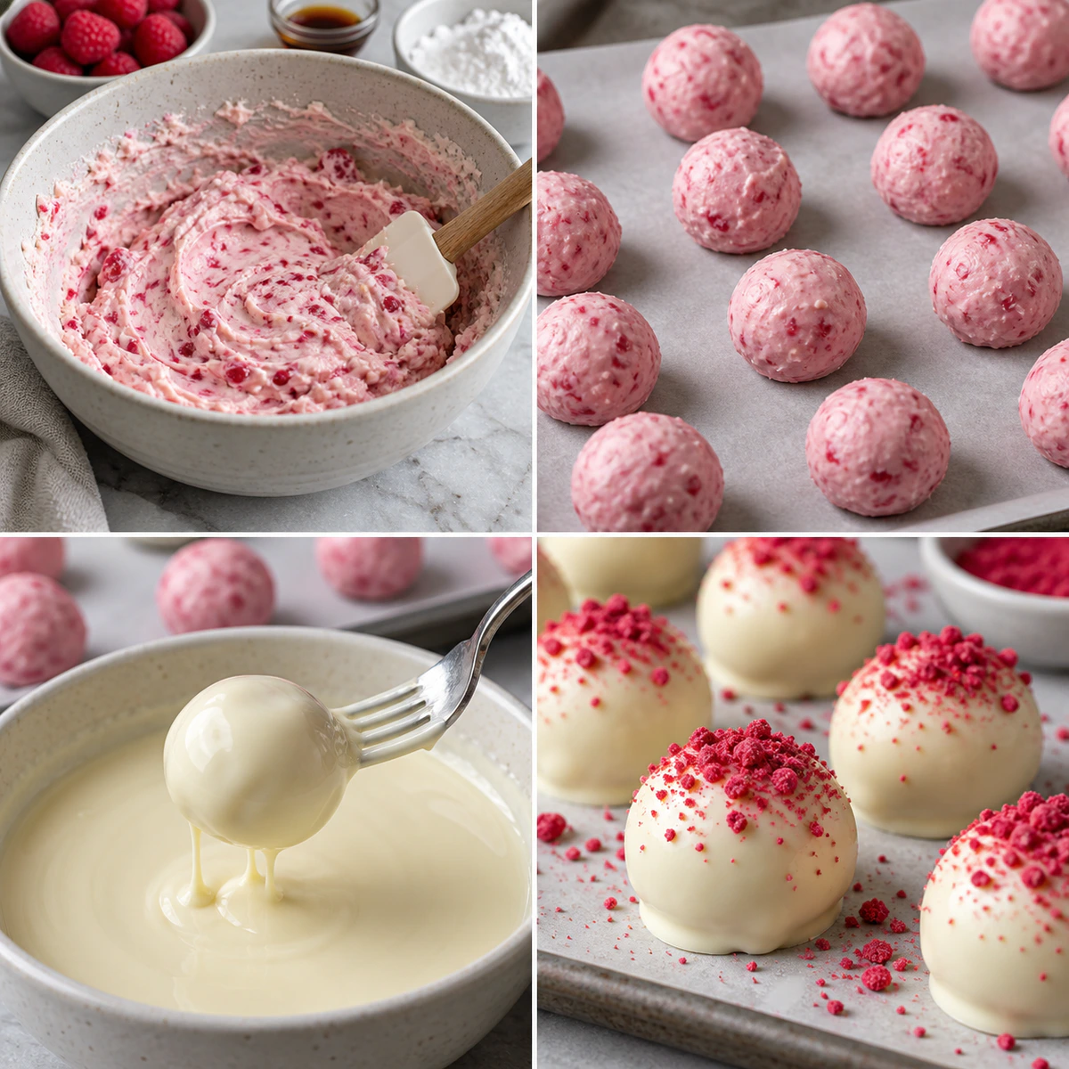 Four chronological preparation stages for White Chocolate Raspberry Cheesecake Balls