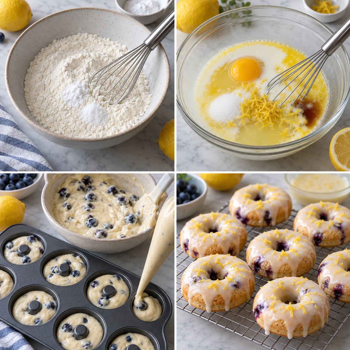 Four chronological preparation stages for Baked Lemon Blueberry Donuts