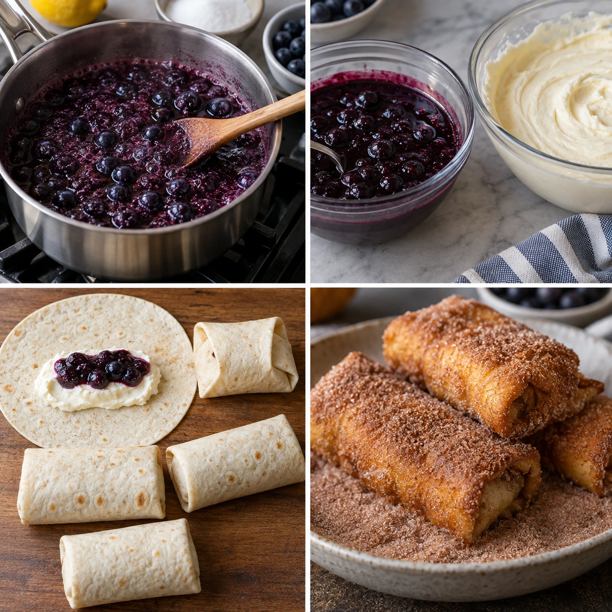 Four chronological preparation stages for Blueberry Cheesecake Chimichangas