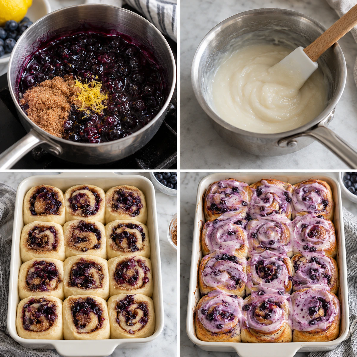 Four chronological preparation stages for Blueberry Cinnamon Rolls Homemade