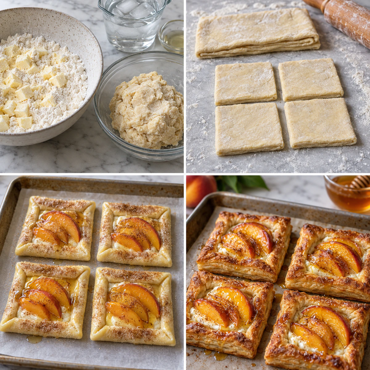 Four chronological preparation stages for Mini Peach and Cream Cheese Tarts