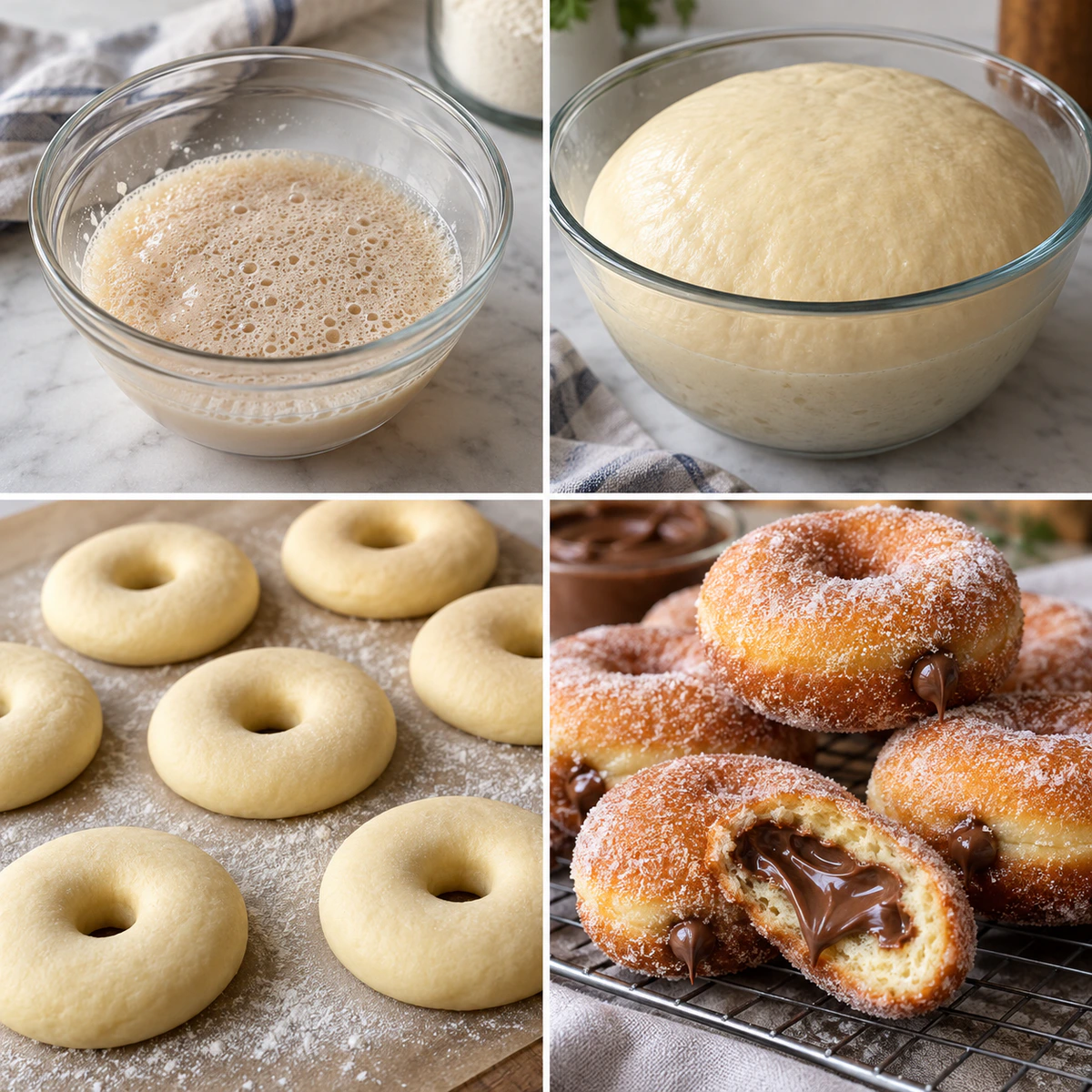 Four chronological preparation stages for Nutella Filled Donuts