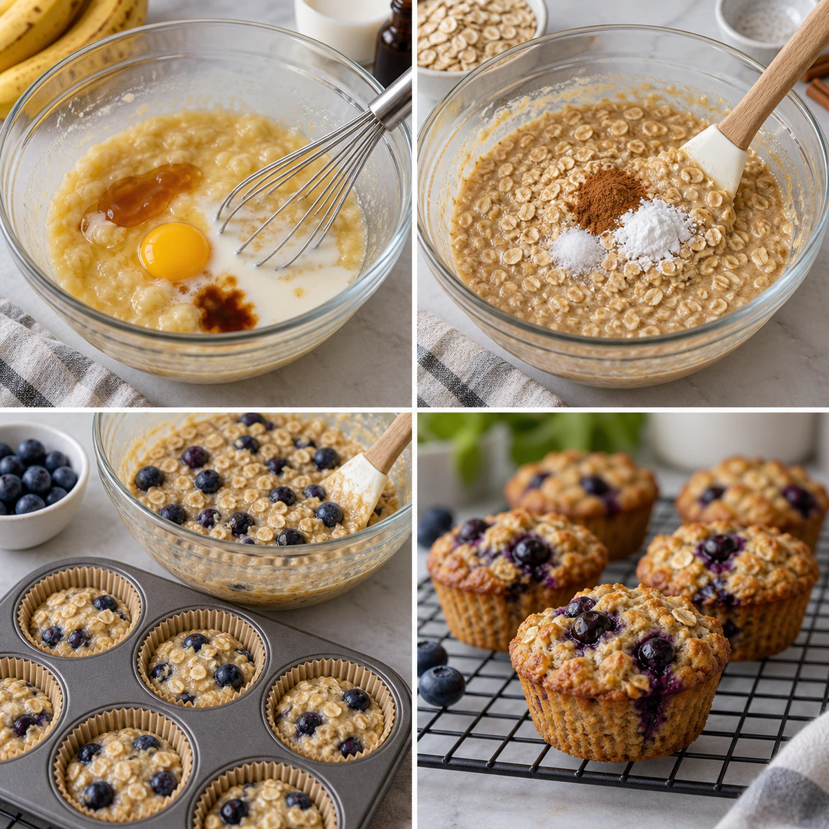 Four chronological preparation stages for Blueberry Banana Baked Oatmeal Cups