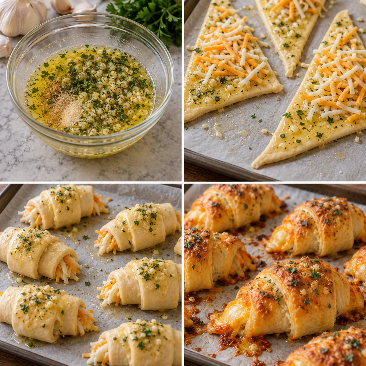 Four chronological preparation stages for Cheesy Garlic Crescent Rolls