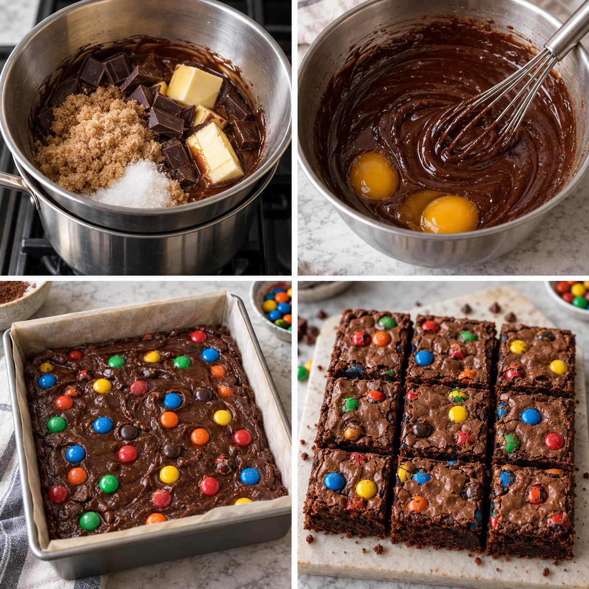 Four chronological preparation stages for M&M's Brownies Recipe