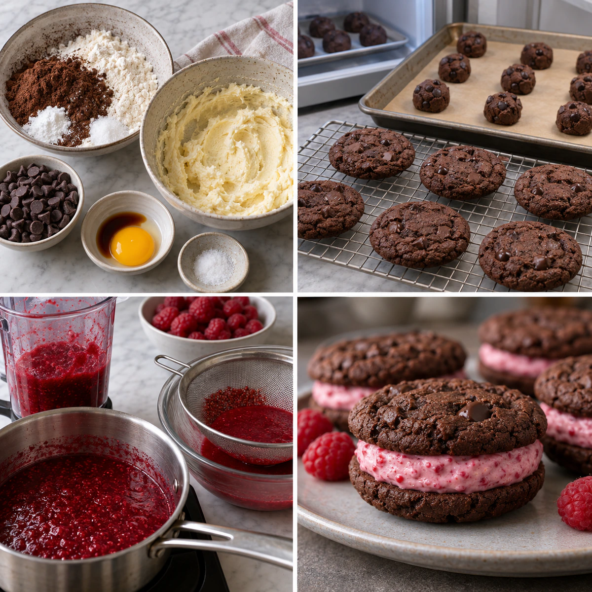Four chronological preparation stages for Homemade Chocolate Raspberry Sandwich Cookies