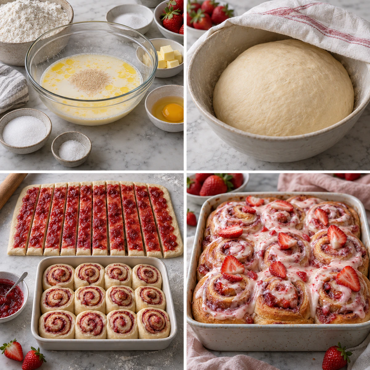 Four chronological preparation stages for Strawberry Cinnamon Rolls