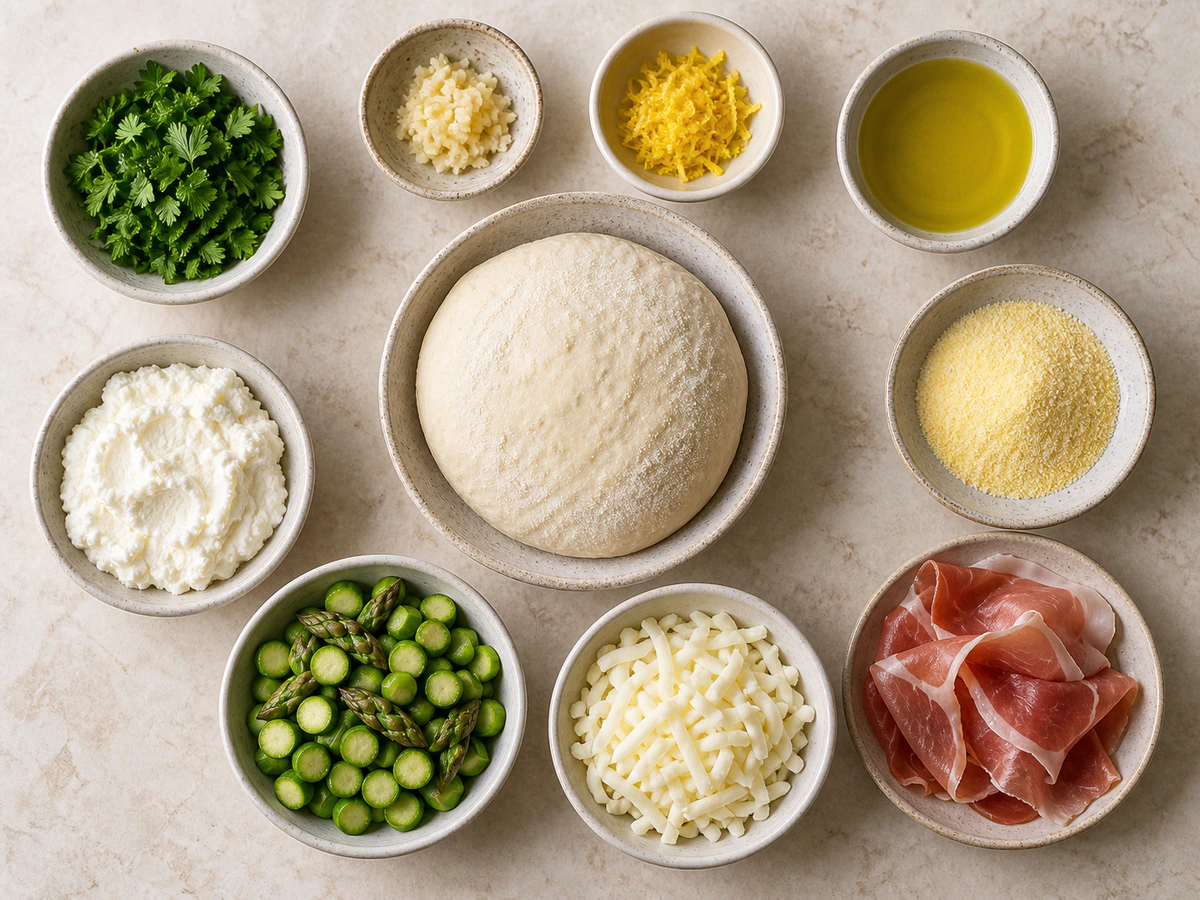 Exact measured ingredients for Asparagus White Pizza with Prosciutto