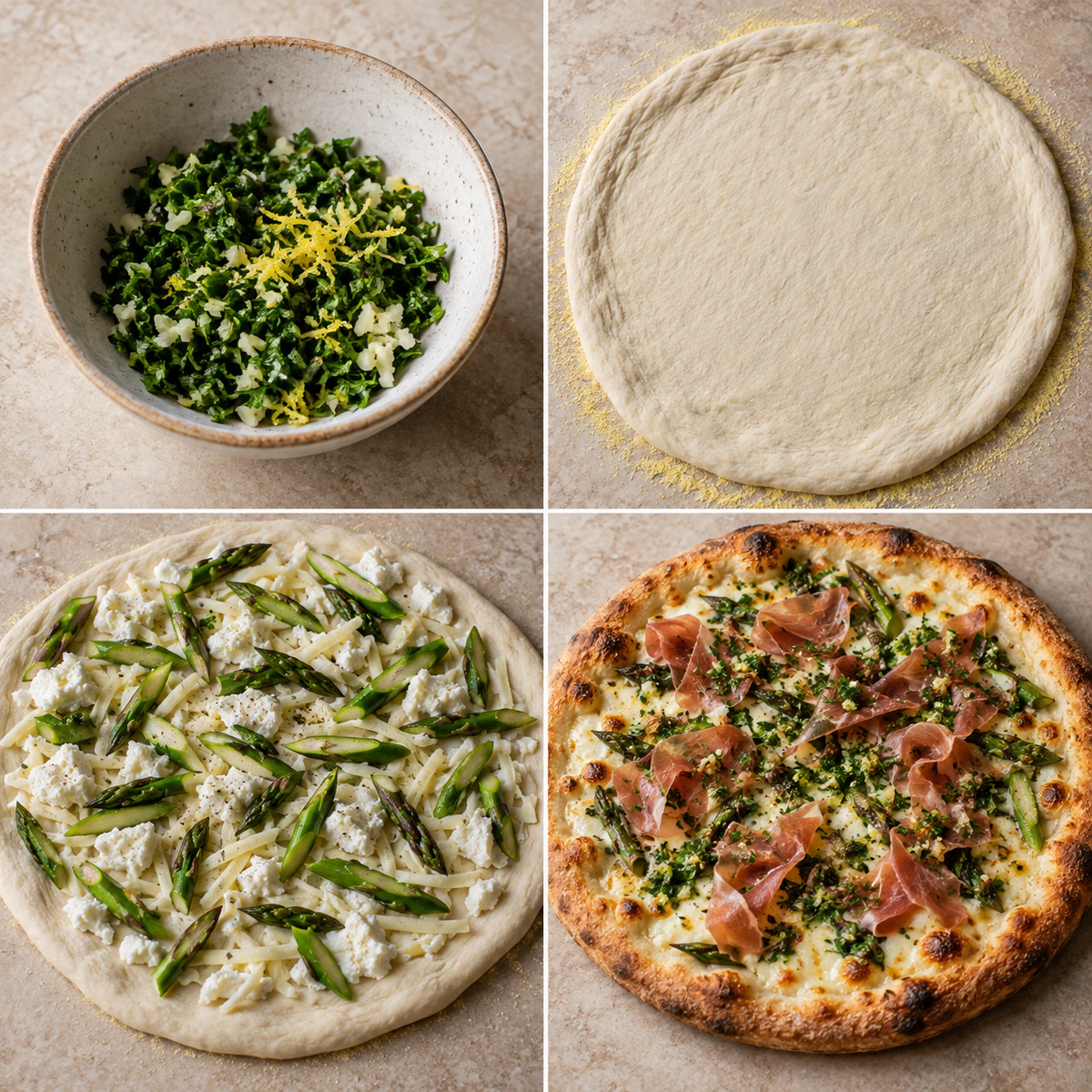 Four chronological preparation stages for Asparagus White Pizza with Prosciutto