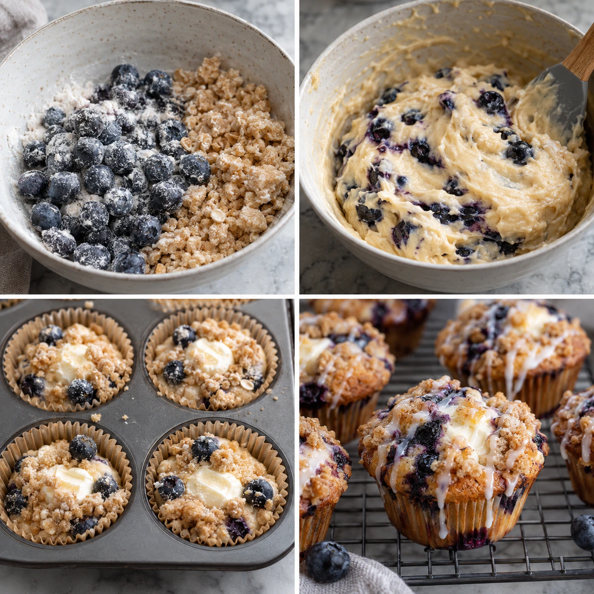 Four chronological preparation stages for Blueberry Cream Cheese Muffins