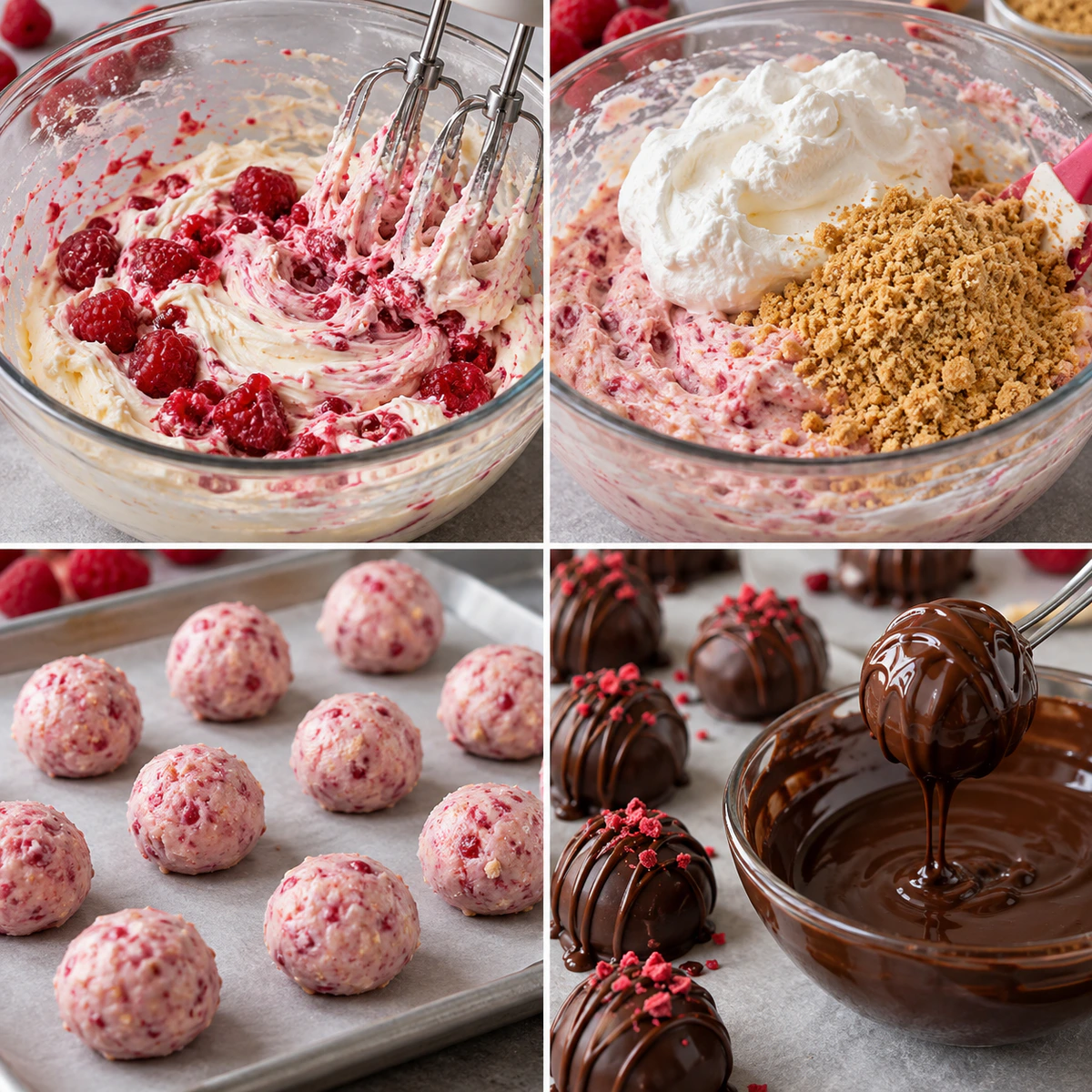 Four chronological preparation stages for Raspberry Cheesecake Truffles