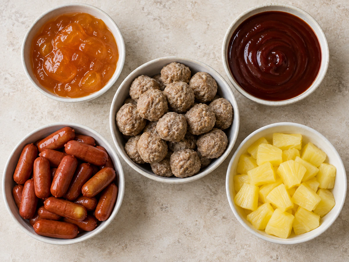 Exact measured ingredients for Slow Cooker Meatball Pineapple Smokies