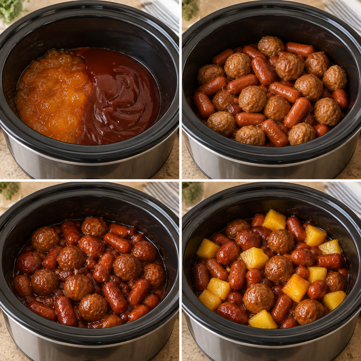 Four chronological preparation stages for Slow Cooker Meatball Pineapple Smokies