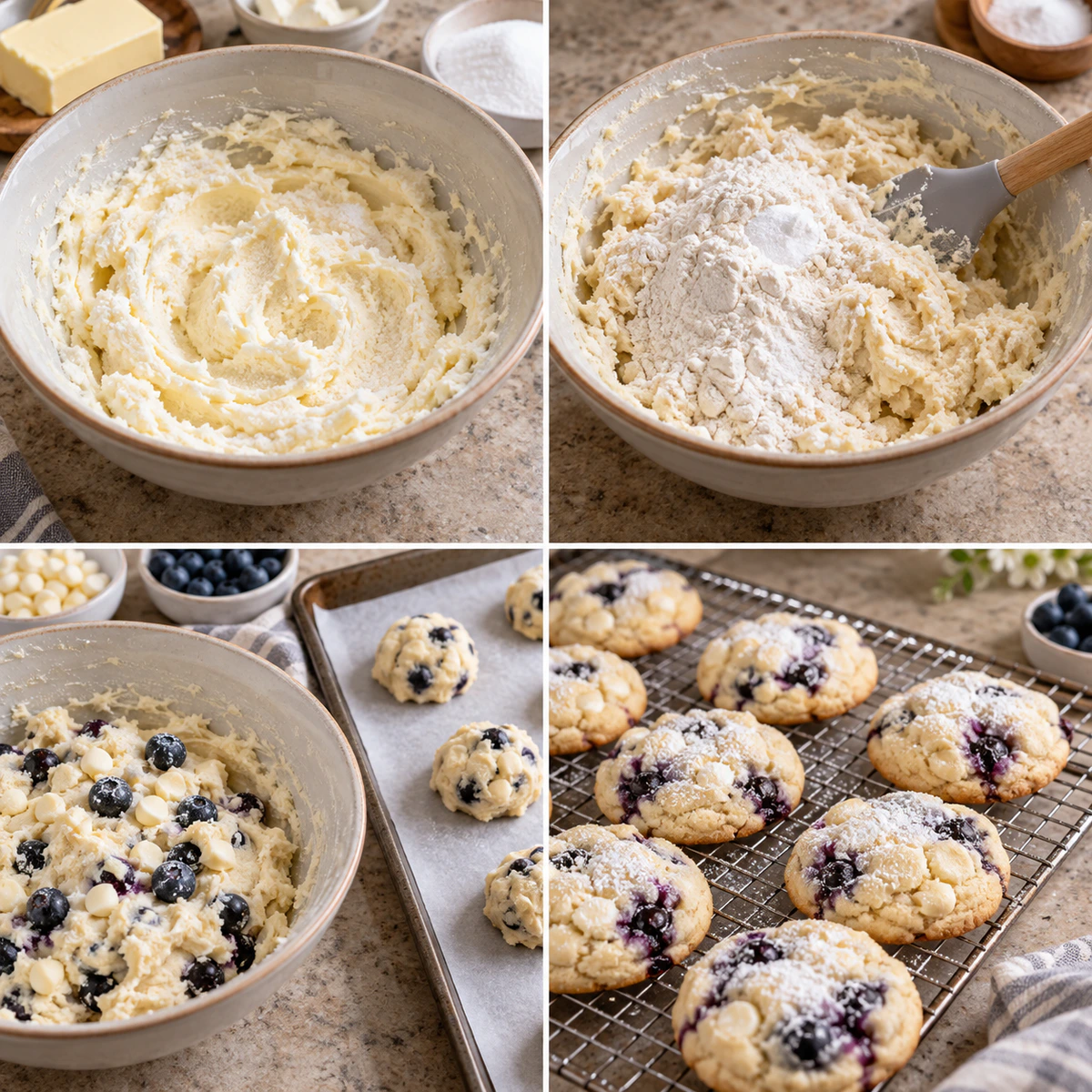 Four chronological preparation stages for Blueberry Cheesecake Cookies