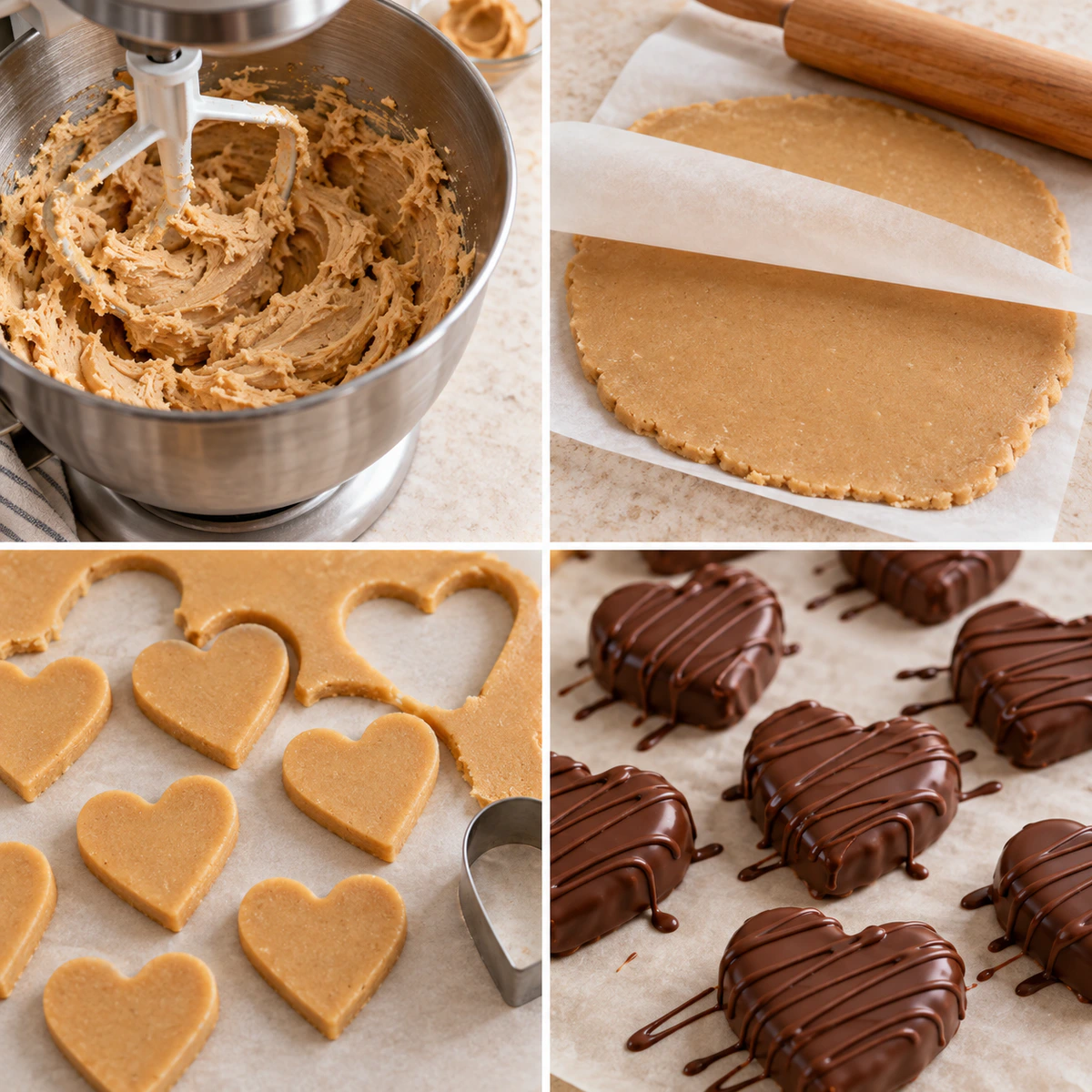 Four chronological preparation stages for Easy Homemade Chocolate Peanut Hearts
