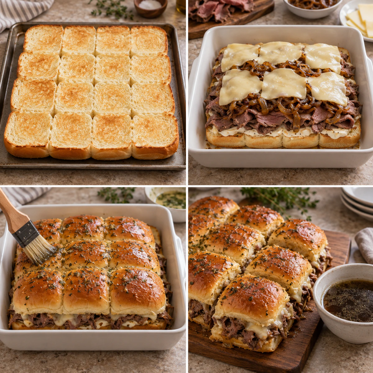 Four chronological preparation stages for French Dip Sliders