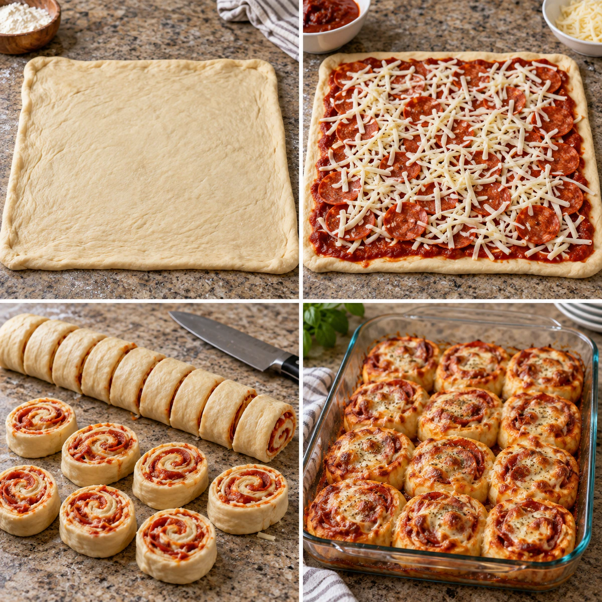Four chronological preparation stages for Pizza Pinwheels
