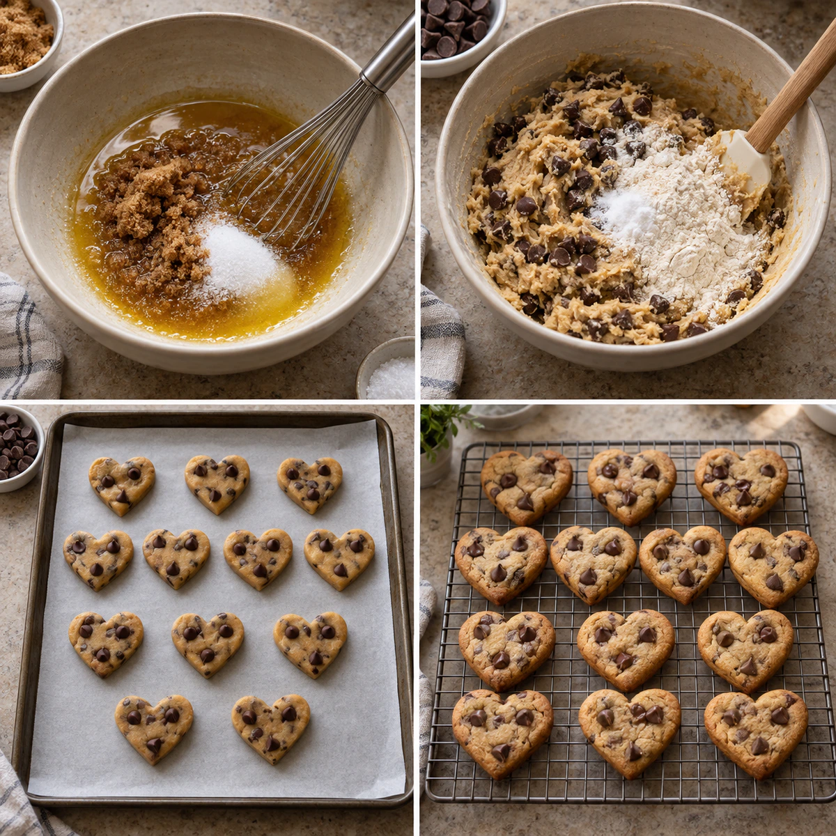 Four chronological preparation stages for Heart Shaped Chocolate Chip Cookies Valentine’s Day