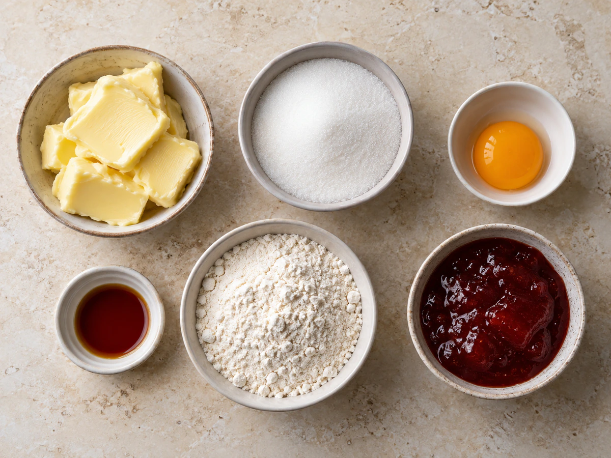 Exact measured ingredients for Heart-Shaped Thumbprint Cookies for Valentine's